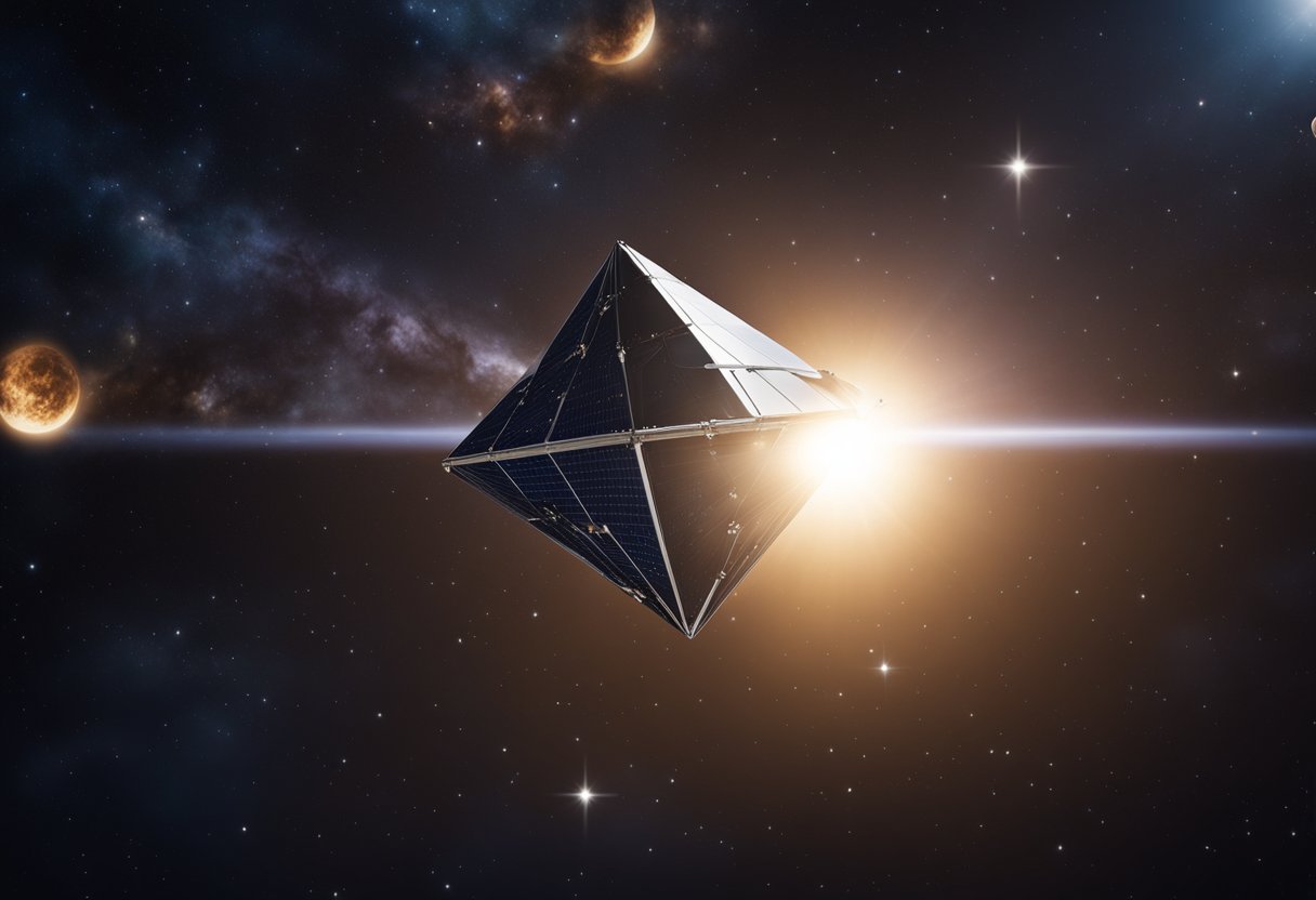 A solar sail spacecraft glides through the cosmos, propelled by the gentle push of sunlight against its expansive, reflective sails