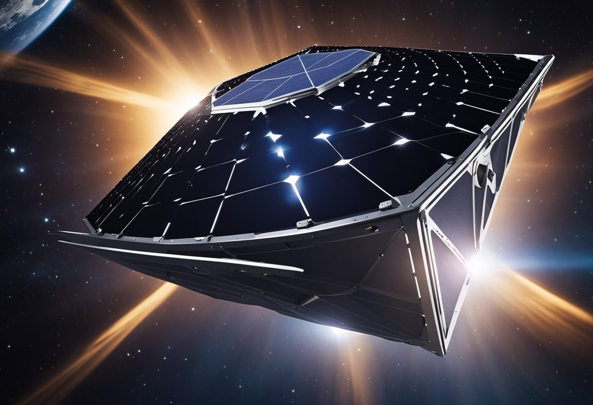 A solar sail spacecraft glides through space, its navigation and control systems guiding it towards its destination. The sun's rays provide the propulsion needed for its journey