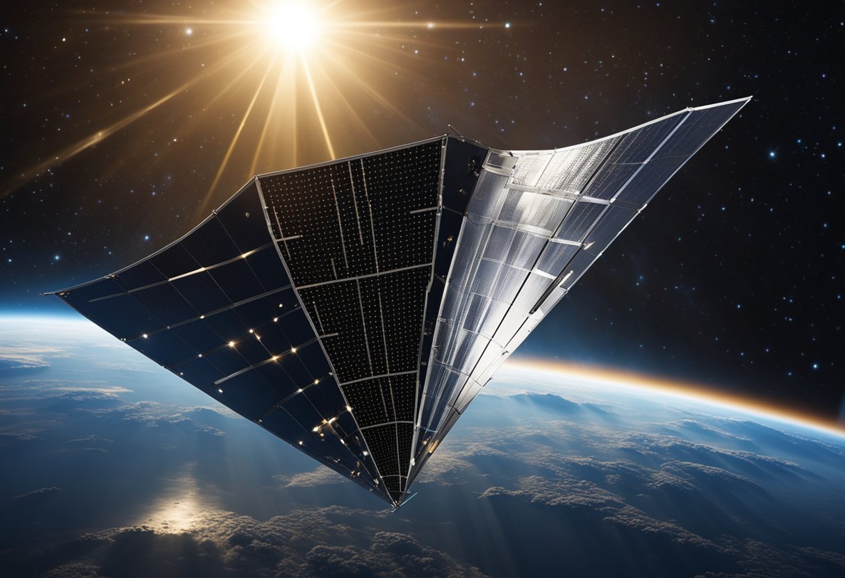 A solar sail spacecraft soaring through space, with Earth in the background, symbolizing global collaborations and efforts in space exploration