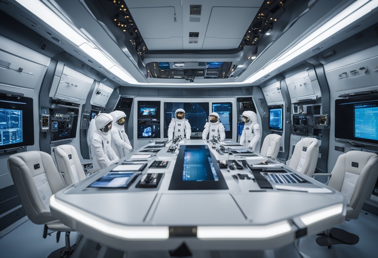 Spacecraft interior: Astronaut suits hang neatly, safety equipment organized. Training manuals and checklists lay on a table. A holographic display shows emergency procedures
