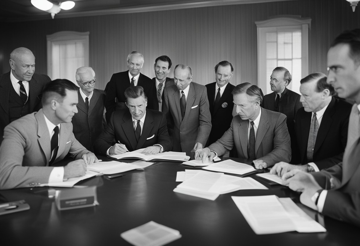 Private spaceflight regulations are being discussed in a historical context. A group of officials is gathered around a table, debating and reviewing documents
