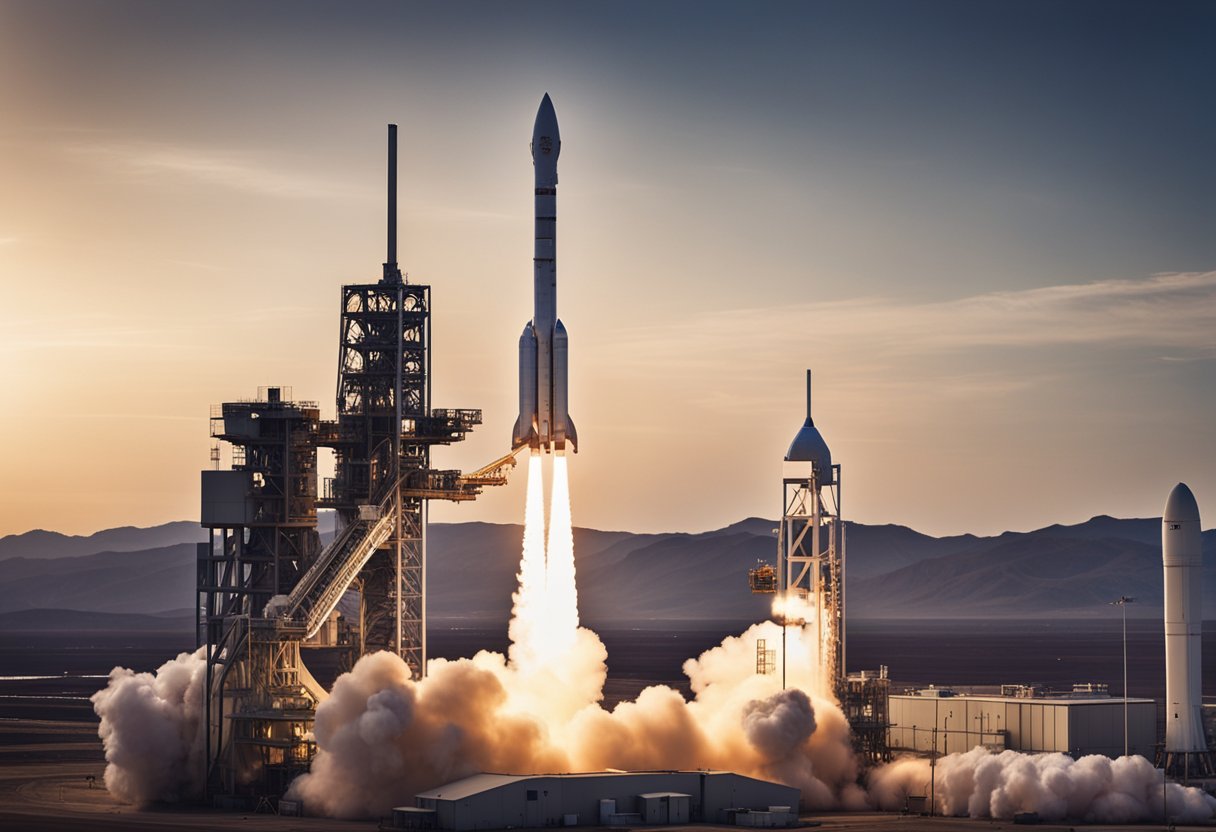 A rocket launches from a private spaceport, surrounded by investors and government officials, showcasing the economic impact of private spaceflight regulations