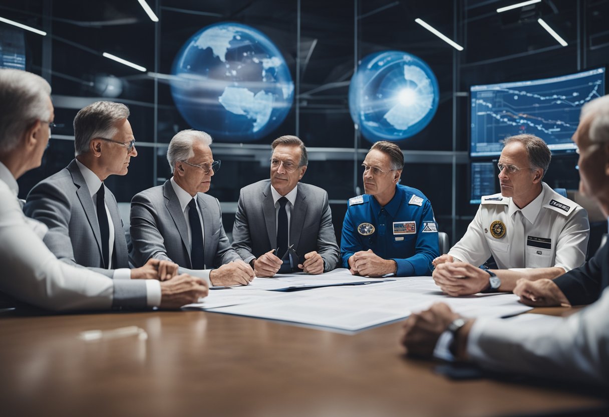 A group of officials review and discuss private spaceflight regulations in a boardroom setting, surrounded by documents and technical diagrams