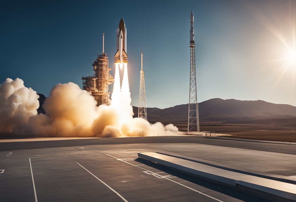 A rocket launching from a private spaceport, surrounded by regulatory documents and officials