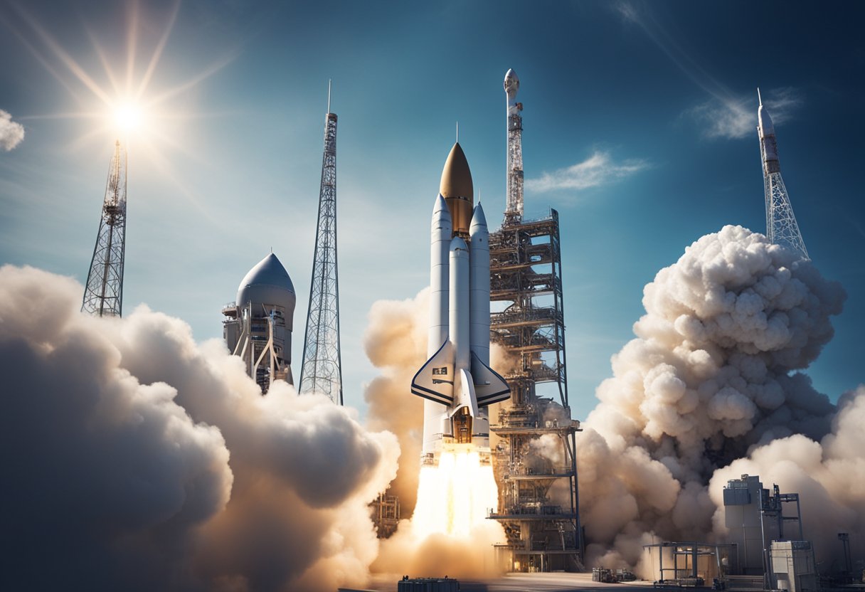 A rocket launches into space, surrounded by advanced technology and futuristic infrastructure, symbolizing the innovation and regulations of private spaceflight