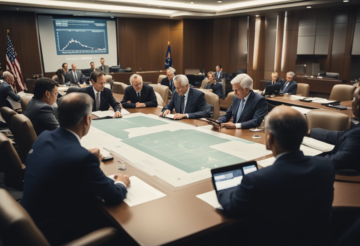 Government officials drafting spaceflight regulations in a conference room with charts and documents