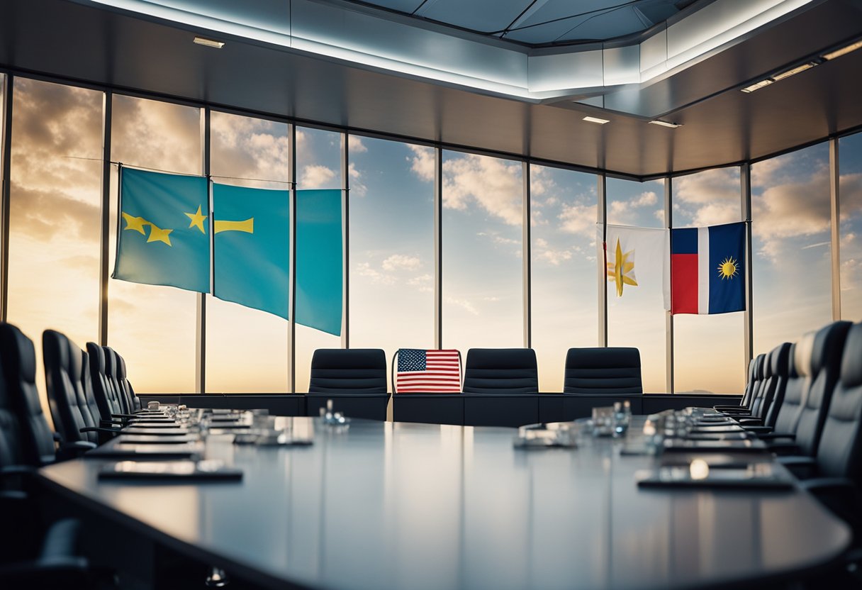 Multiple flags from different countries flying outside a spaceport. A group of officials discussing private spaceflight regulations in a conference room