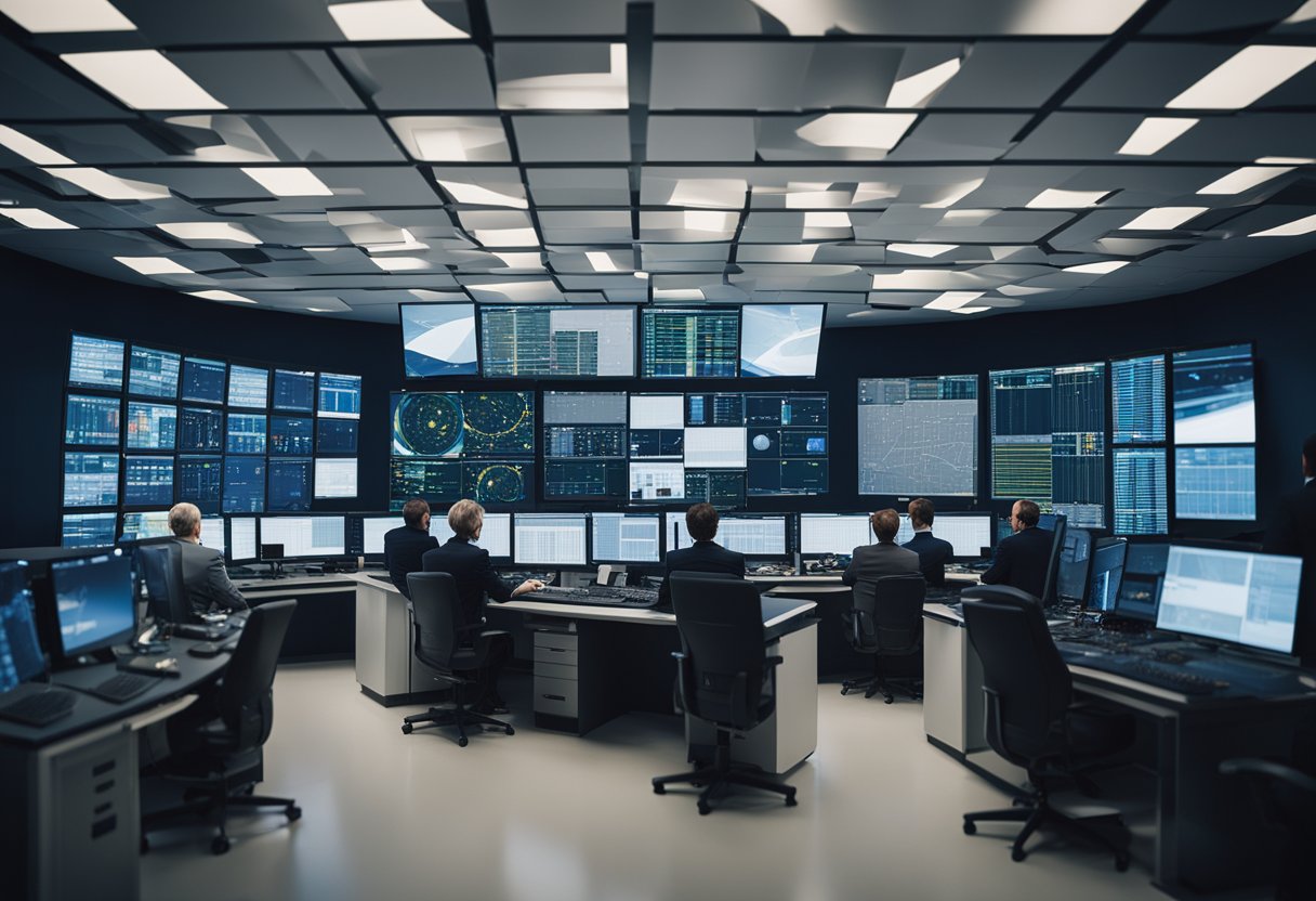 A team of engineers and scientists collaborate in a high-tech control room, surrounded by computer screens displaying intricate space mission planning software