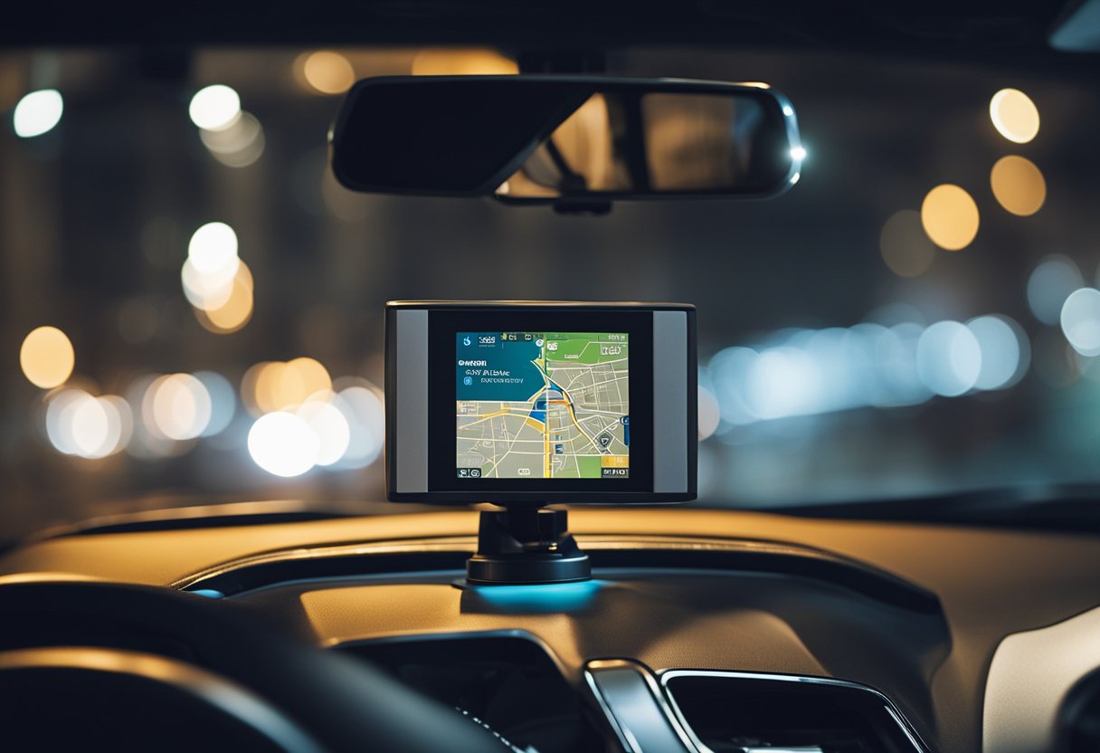 A satellite navigation system directs a car through a city at night, displaying a digital map on the dashboard screen