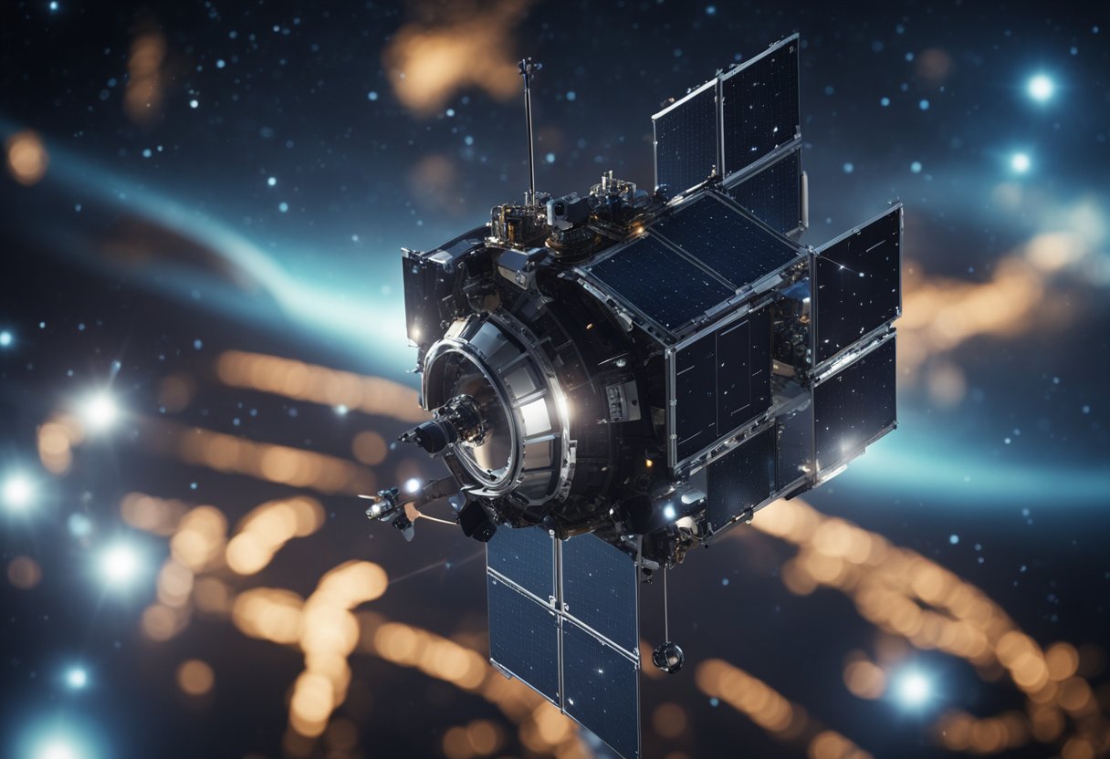 A satellite hovers in space, sending and receiving signals for navigation systems. Control panels light up with data as the satellite manages and monitors the network