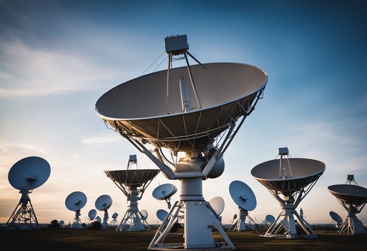 Satellite dishes pointing toward the sky, surrounded by technological equipment and antennas, symbolizing challenges and future directions in satellite navigation systems