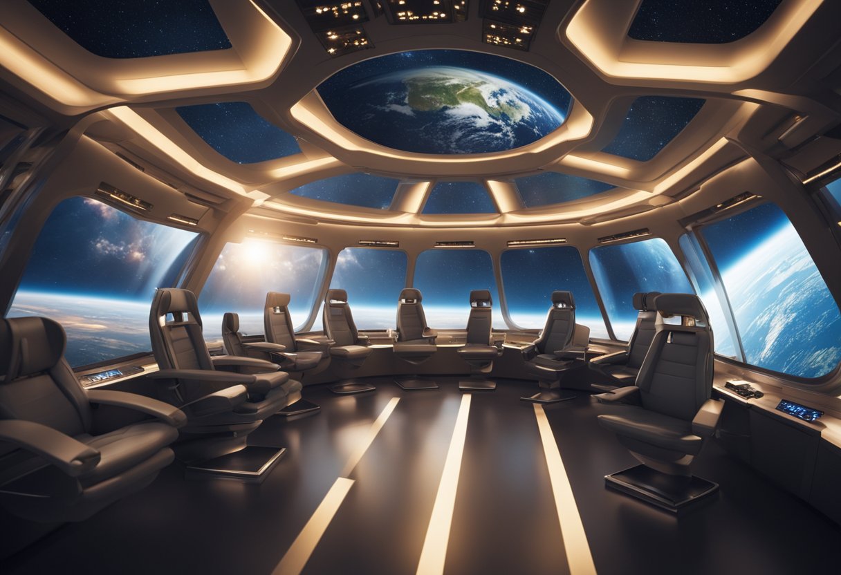 Passengers float weightlessly in a spacious, high-tech cabin with panoramic views of the Earth and stars. The experience is enhanced with immersive soundscapes and zero-gravity activities