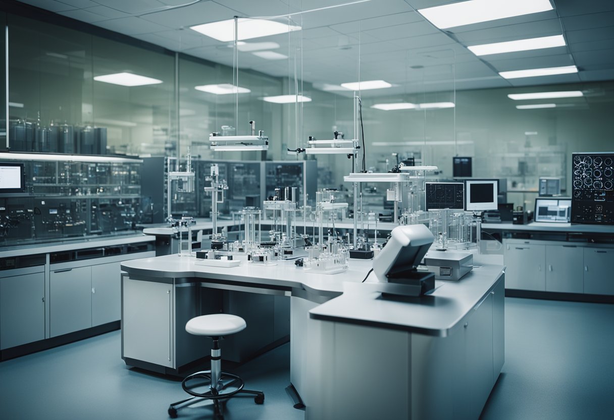 A laboratory with advanced materials, quantum propulsion schematics, and futuristic technology