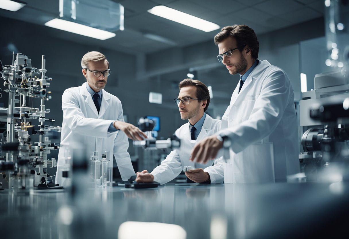 Scientists discussing quantum propulsion theories in a research lab with collaborative effort