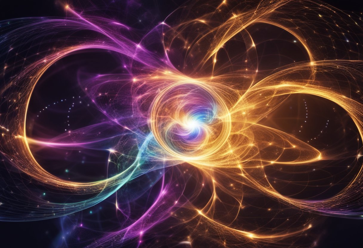 Vibrant energy swirls around a central point, emitting waves of light and color. Various particles and fields converge, creating a dynamic and complex web of interconnected forces