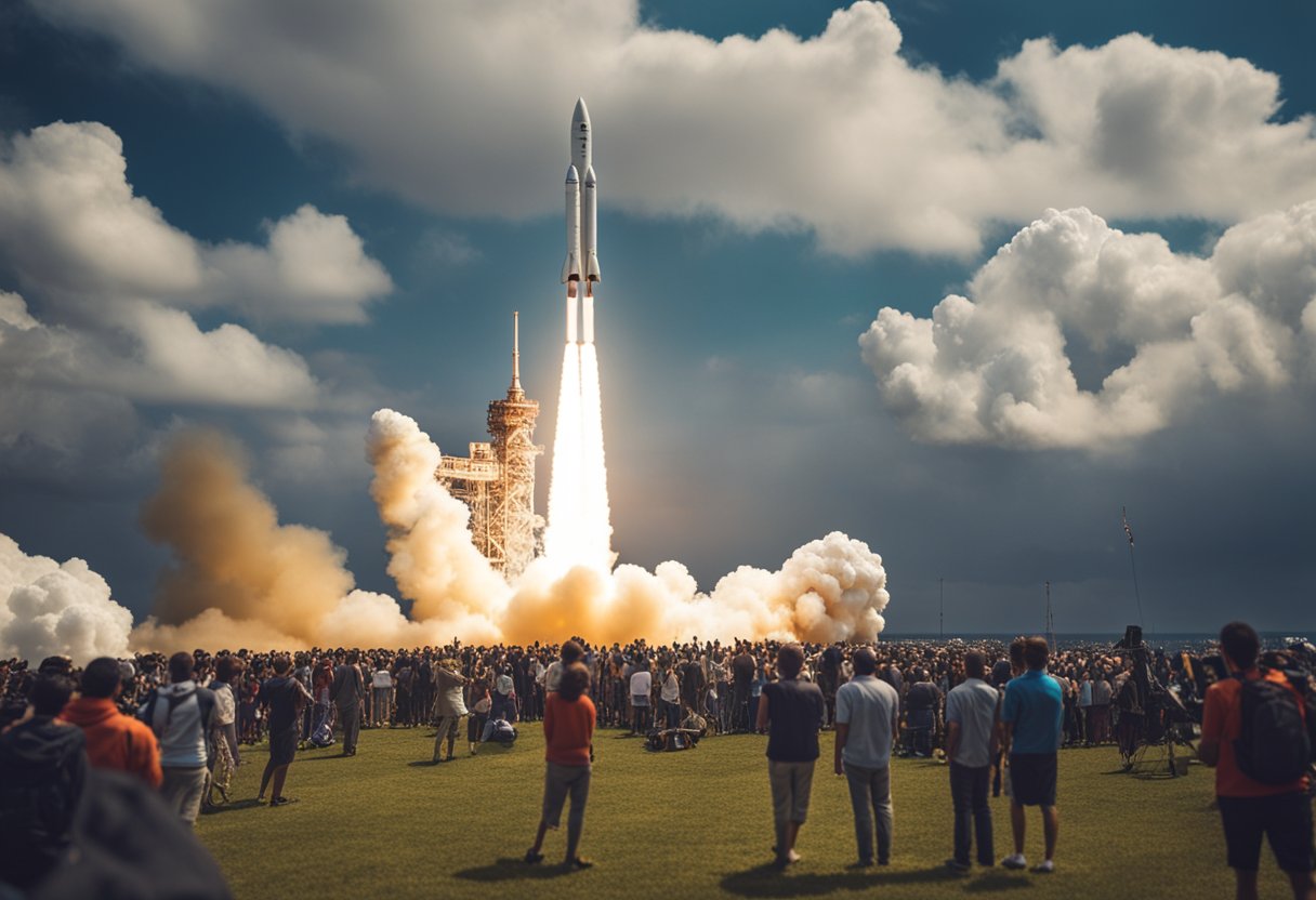 A rocket launches into space, surrounded by awe-struck spectators and media, symbolizing the cultural impact and public fascination with space tourism
