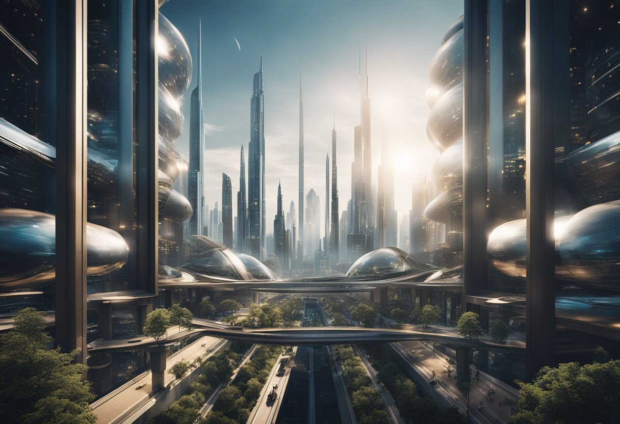 Interstellar travel theories impact society and culture. A futuristic cityscape with diverse architecture and advanced technology reflects cultural perspectives on interstellar exploration