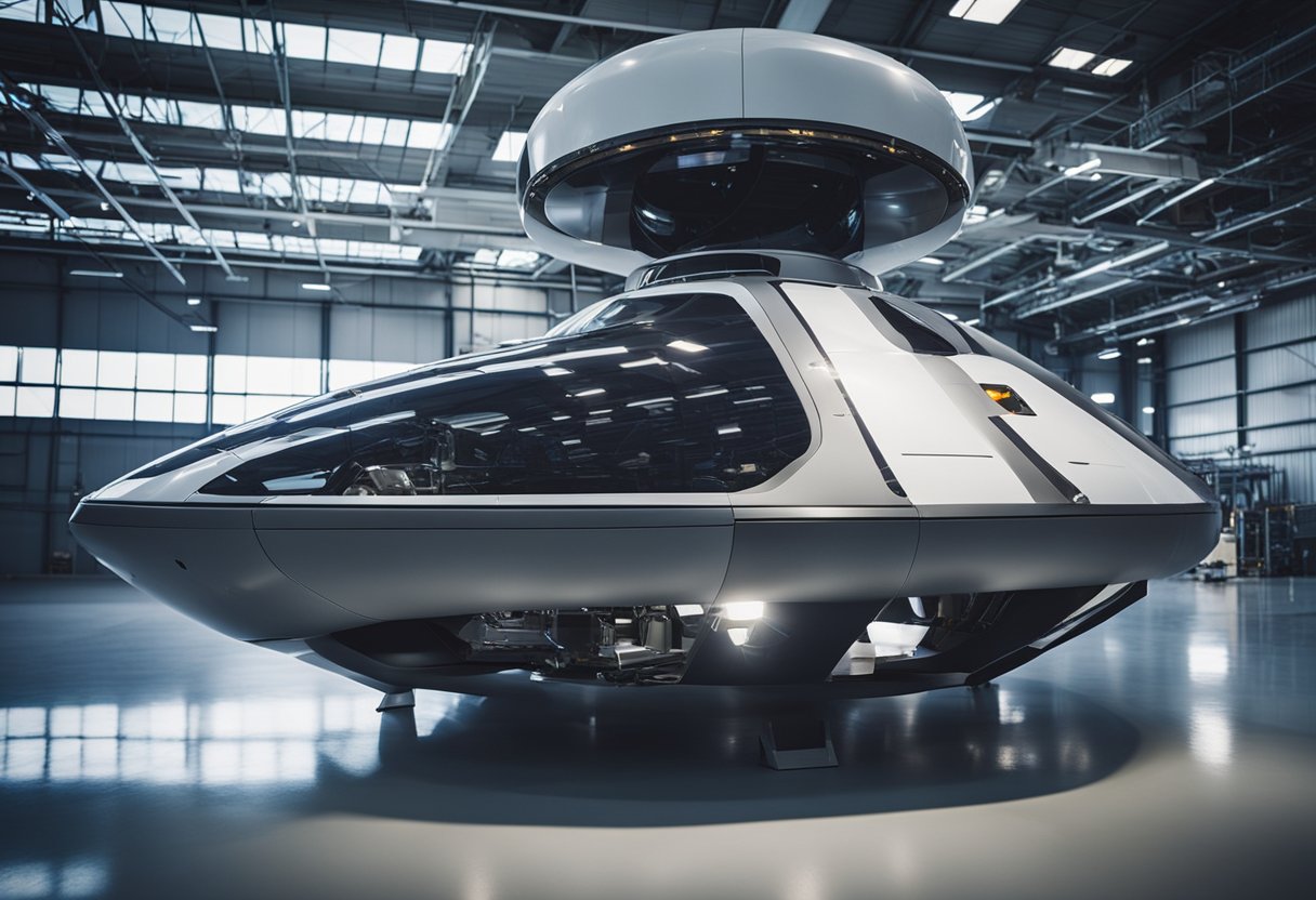 A sleek space tourism vehicle undergoes safety inspections and tests in a high-tech facility