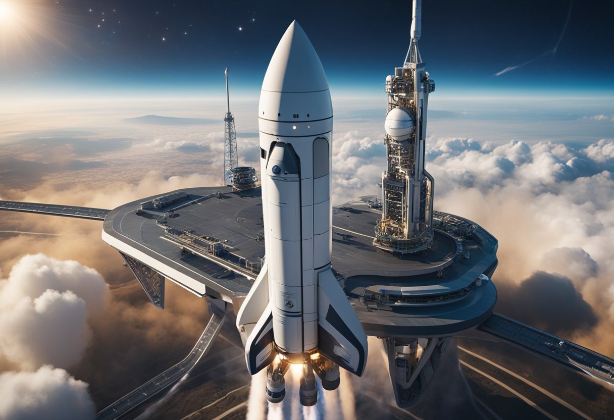 A rocket launches into space, with a bustling spaceport below. Tourists eagerly board futuristic spacecraft, while engineers work on enhancing the space tourism experience