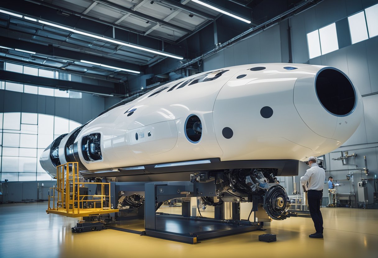 A space tourism vehicle undergoes safety testing in a futuristic facility, with engineers and technicians inspecting the spacecraft's components and systems