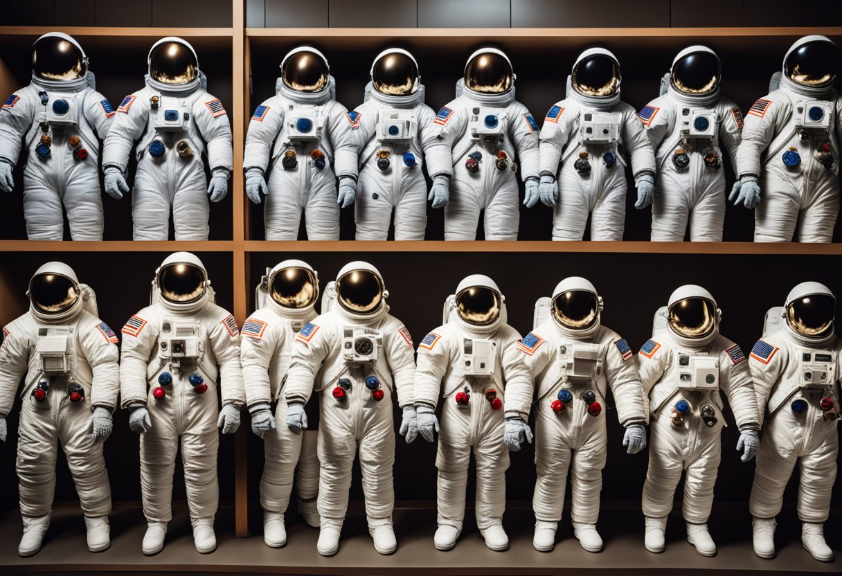An array of astronaut suits, from vintage to modern, displayed in chronological order