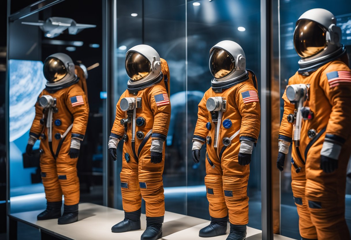 A display of astronaut suits from the early days of spaceflight, showing the evolution of design and technology