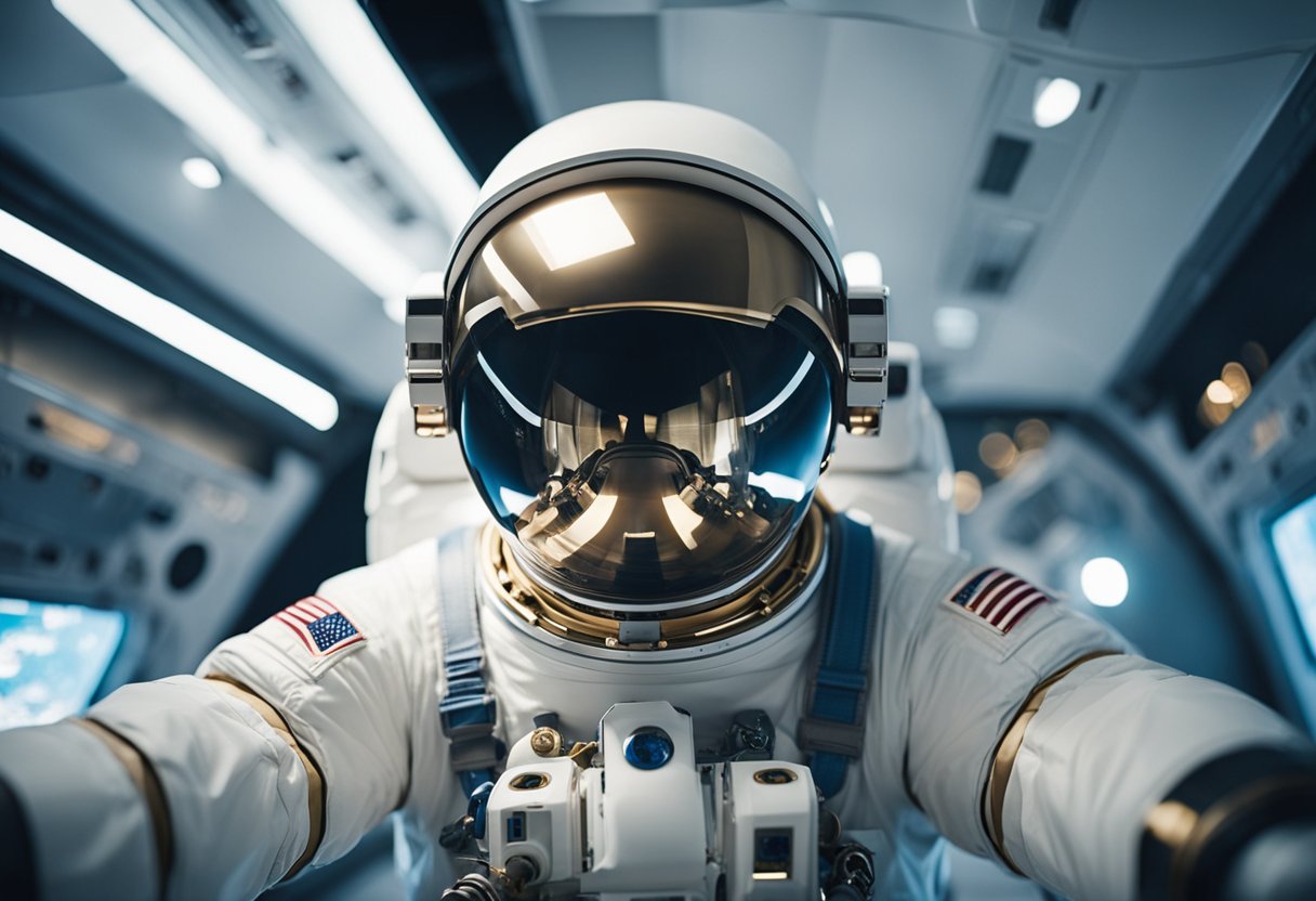 An astronaut suit evolves from bulky to sleek, with advanced life support systems integrated into the design