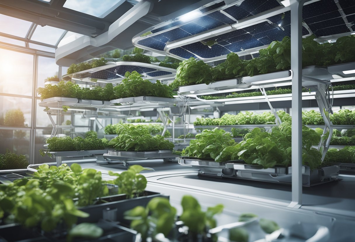 A space habitat with interconnected modules, solar panels, and hydroponic gardens, symbolizing sustainability and self-sufficiency