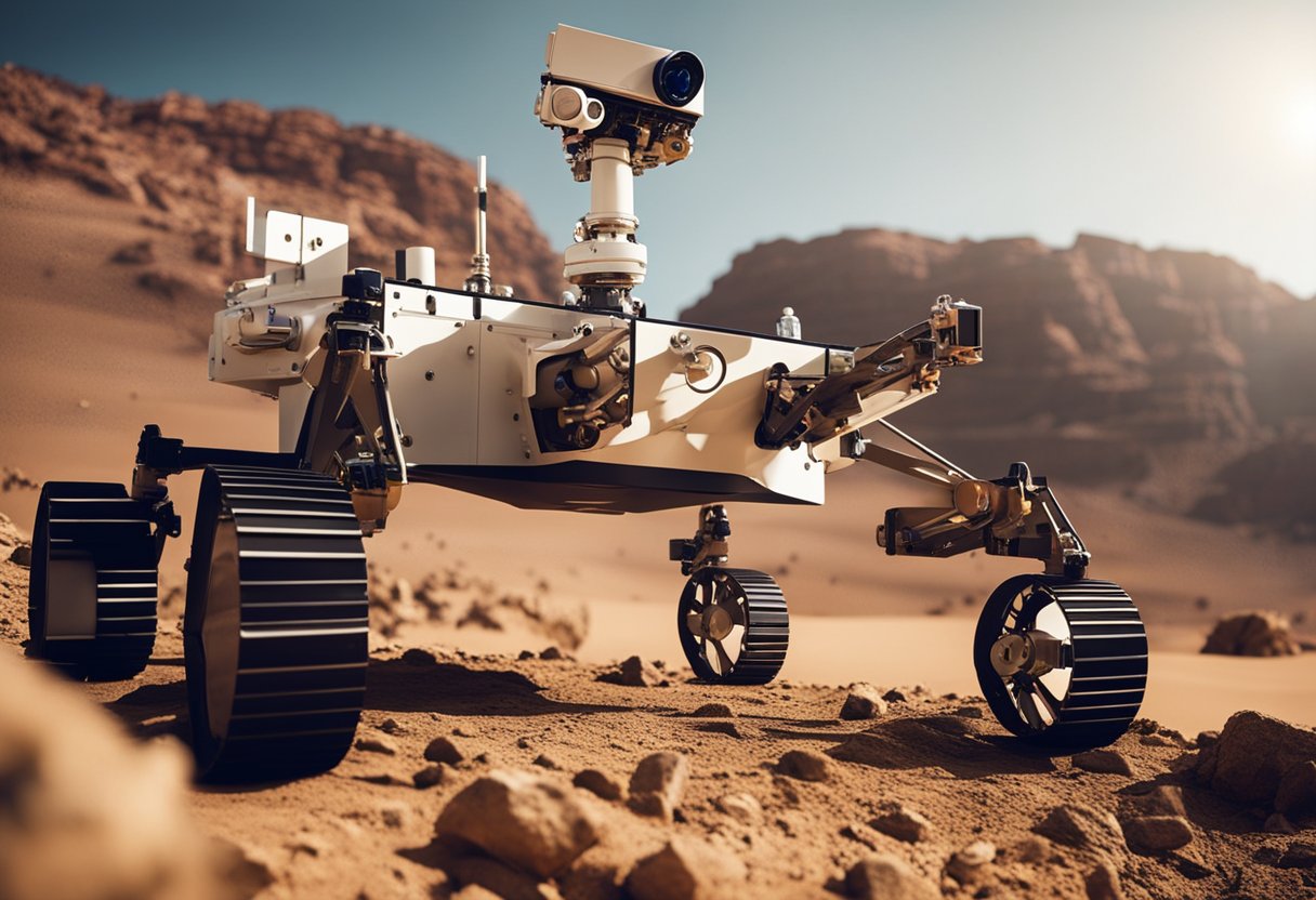 Mars Rover Missions - A Mars rover navigates rocky terrain, collecting samples and transmitting data back to Earth