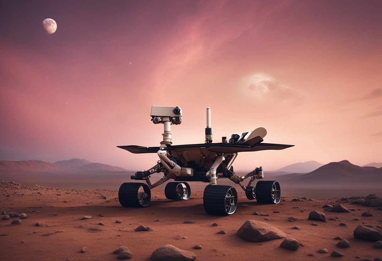 The Mars rover explores the dusty, rocky terrain under a pinkish sky with swirling clouds. The atmosphere is thin, and the landscape is barren with scattered boulders and mountains in the distance