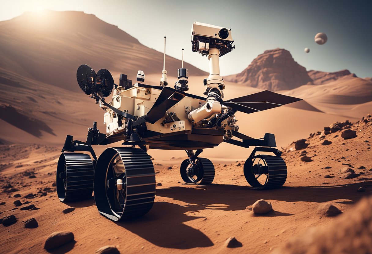 A Mars rover explores the rugged terrain of the red planet, collecting data and transmitting images back to Earth