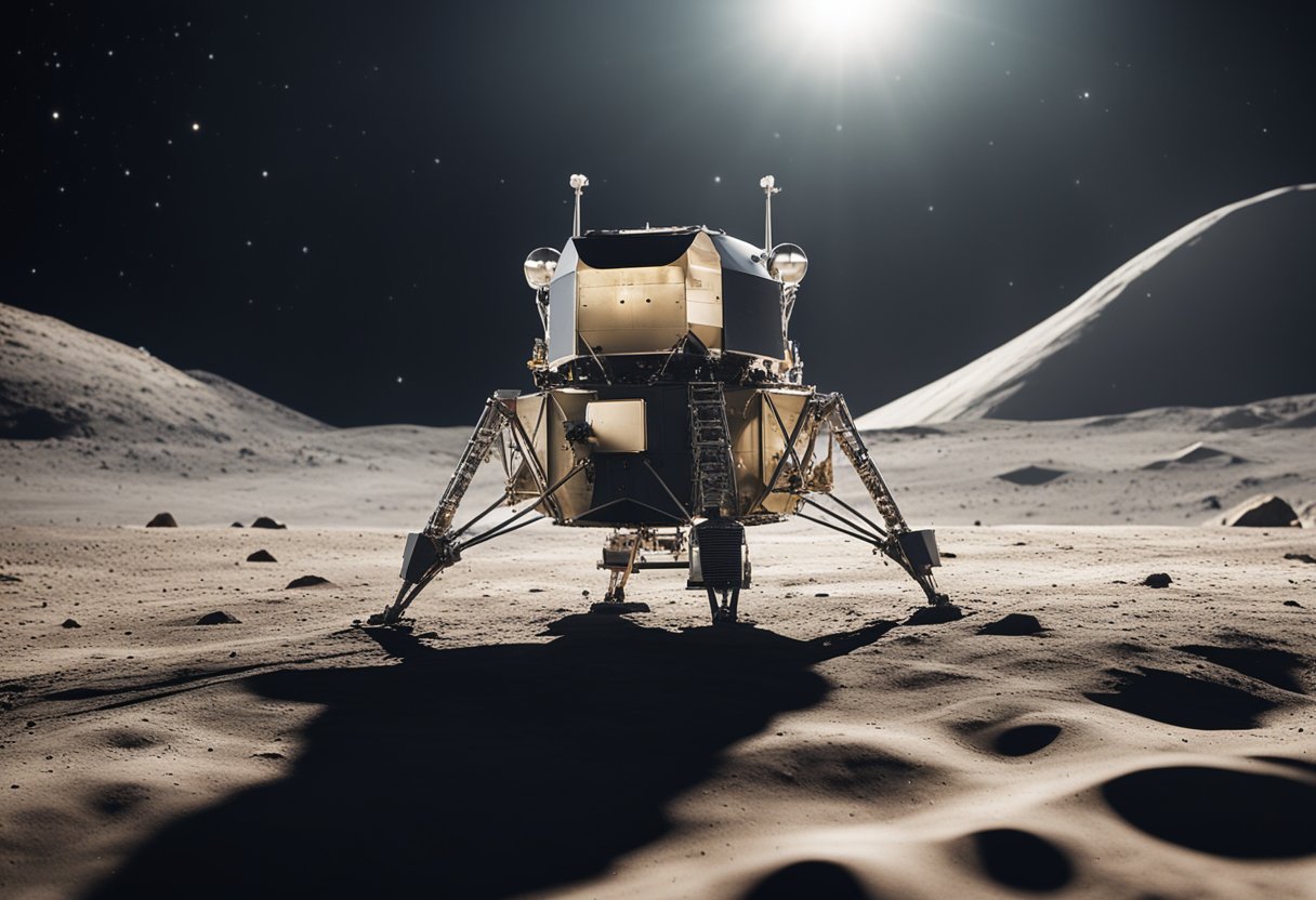 Lunar Landers History - Lunar lander sits on lunar surface, with Earth visible in the background. Sunlight illuminates the spacecraft's metallic exterior