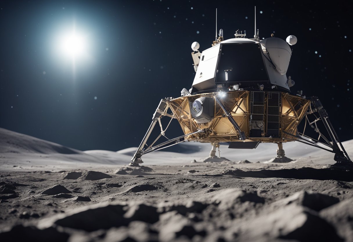 A lunar lander touches down on the surface of the moon, with the Earth visible in the distance. Nearby, other spacecraft stand ready for future exploration