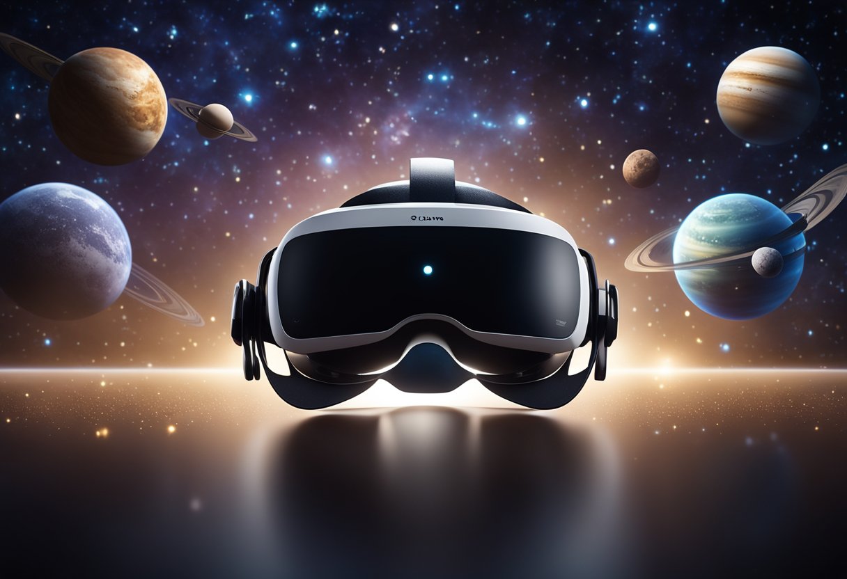 A VR headset floating in a dark, starry space with planets and galaxies in the background. Educational tools and symbols appear around the headset