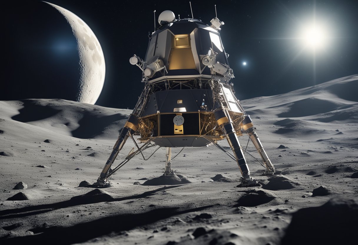 A lunar lander descends onto the rugged surface of the moon, surrounded by the vast expanse of space. Advanced technology and futuristic designs hint at the potential for deep space exploration