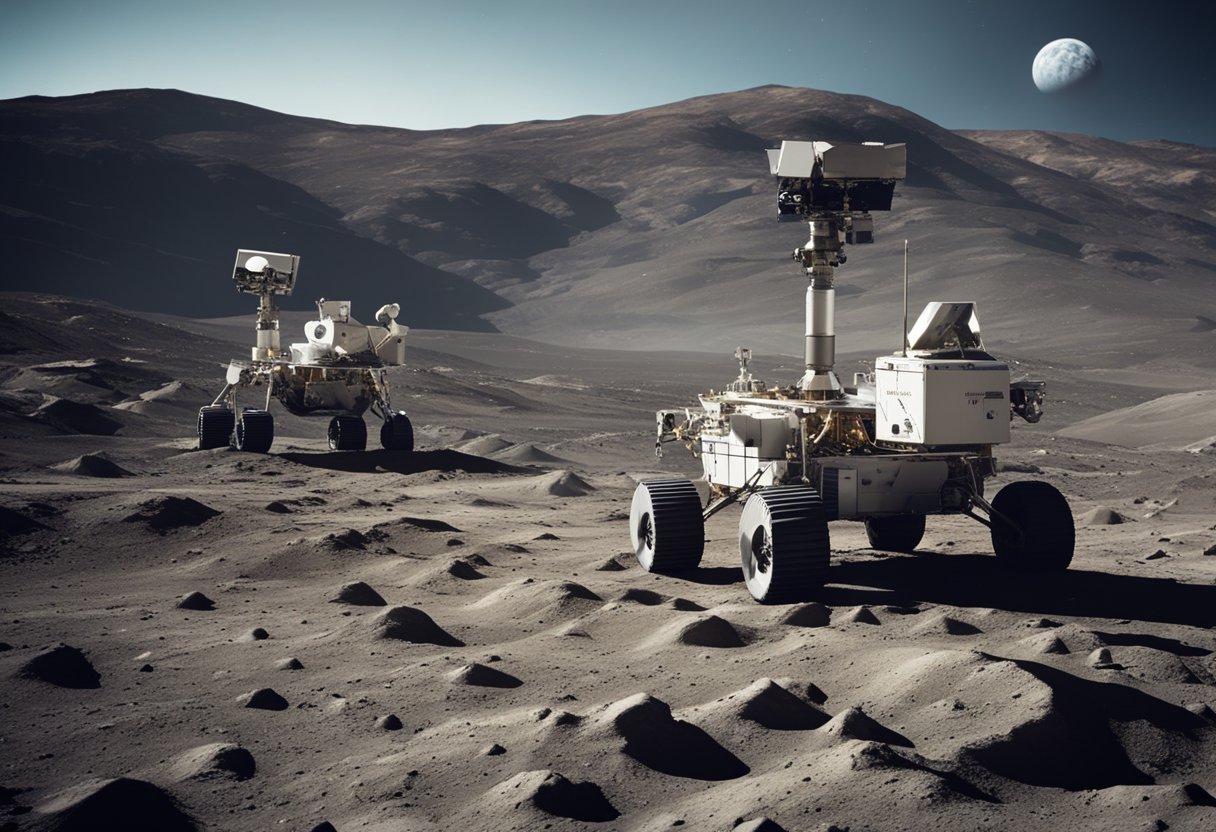 Lunar rovers and landers navigate the rugged, cratered surface of the moon, with Earth visible in the distance. Futuristic rovers and landers are shown exploring new areas, with advanced technology and capabilities