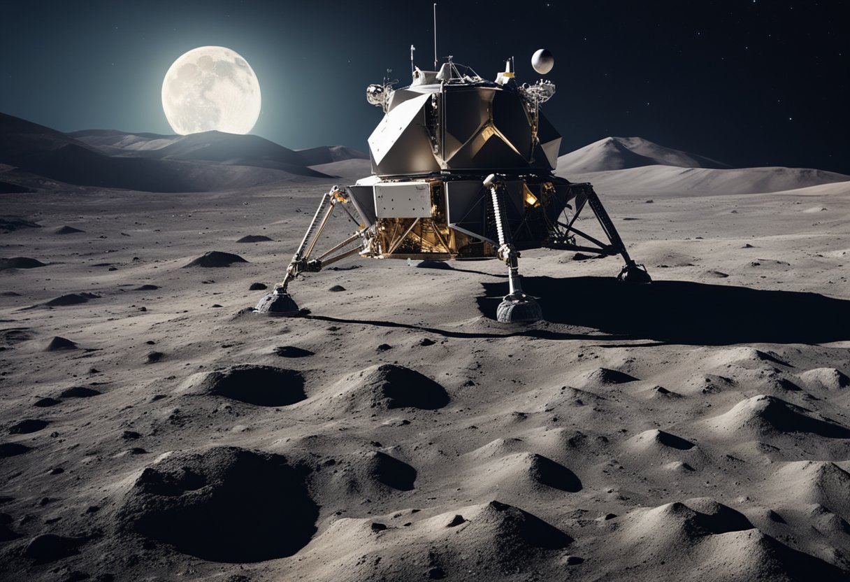 A lunar lander sits on the surface of the moon, with Earth visible in the background. The spacecraft is surrounded by craters and rocky terrain, showcasing the history and future of lunar exploration