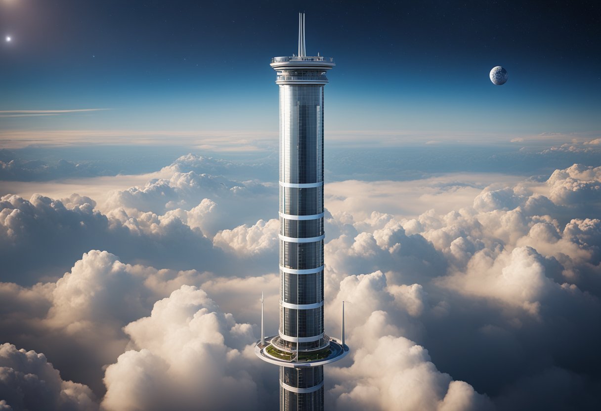 A space elevator tower rises from Earth's surface, constructed with advanced materials and engineering, reaching towards the stars