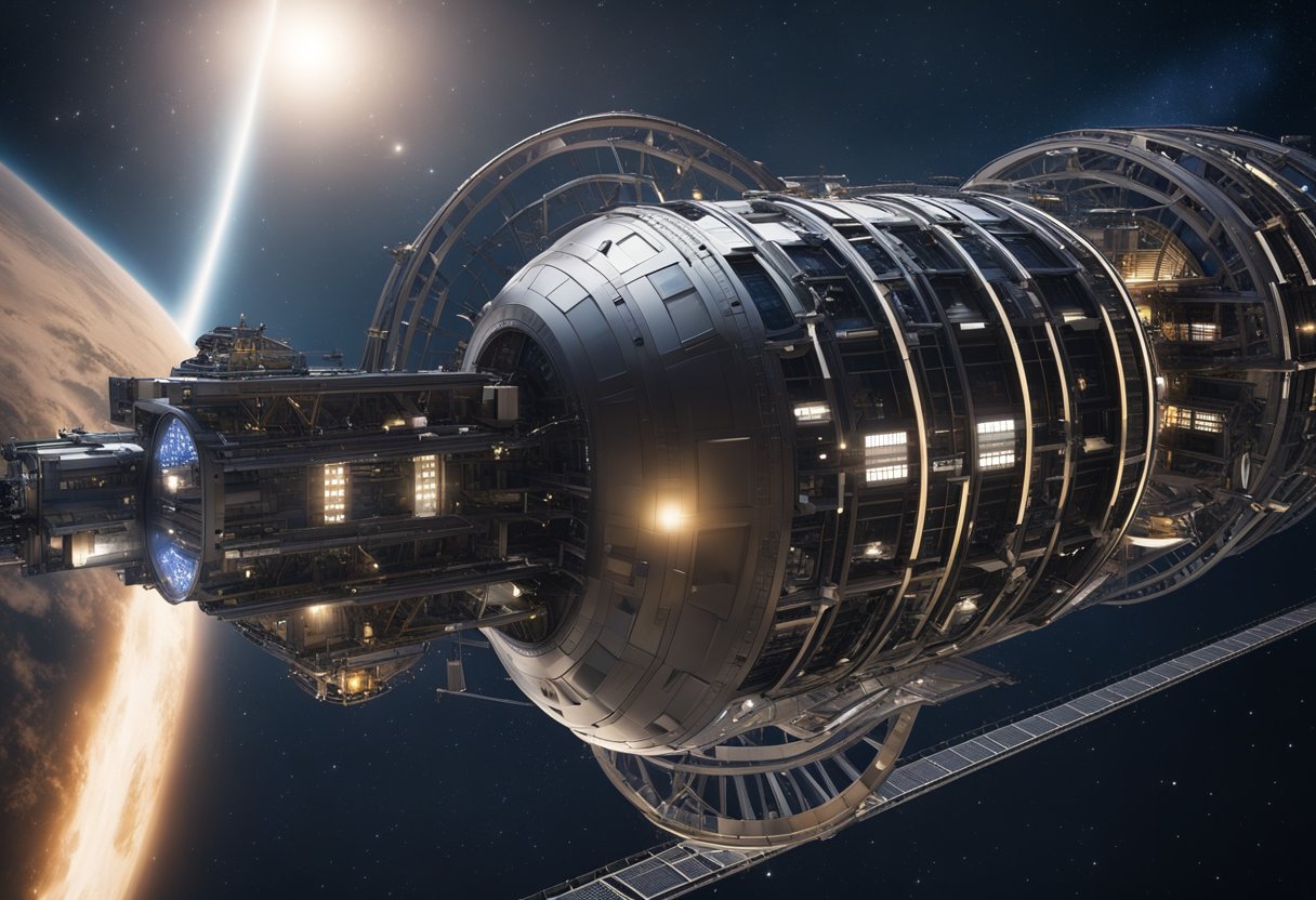 A towering space elevator stretches into the starry sky, its sleek design and futuristic technology symbolizing humanity's ambition to explore the cosmos