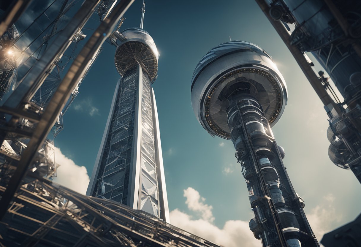 A space elevator rises from Earth, supported by a towering structure and connected to a counterweight in space. The concept represents a vision of future space transportation