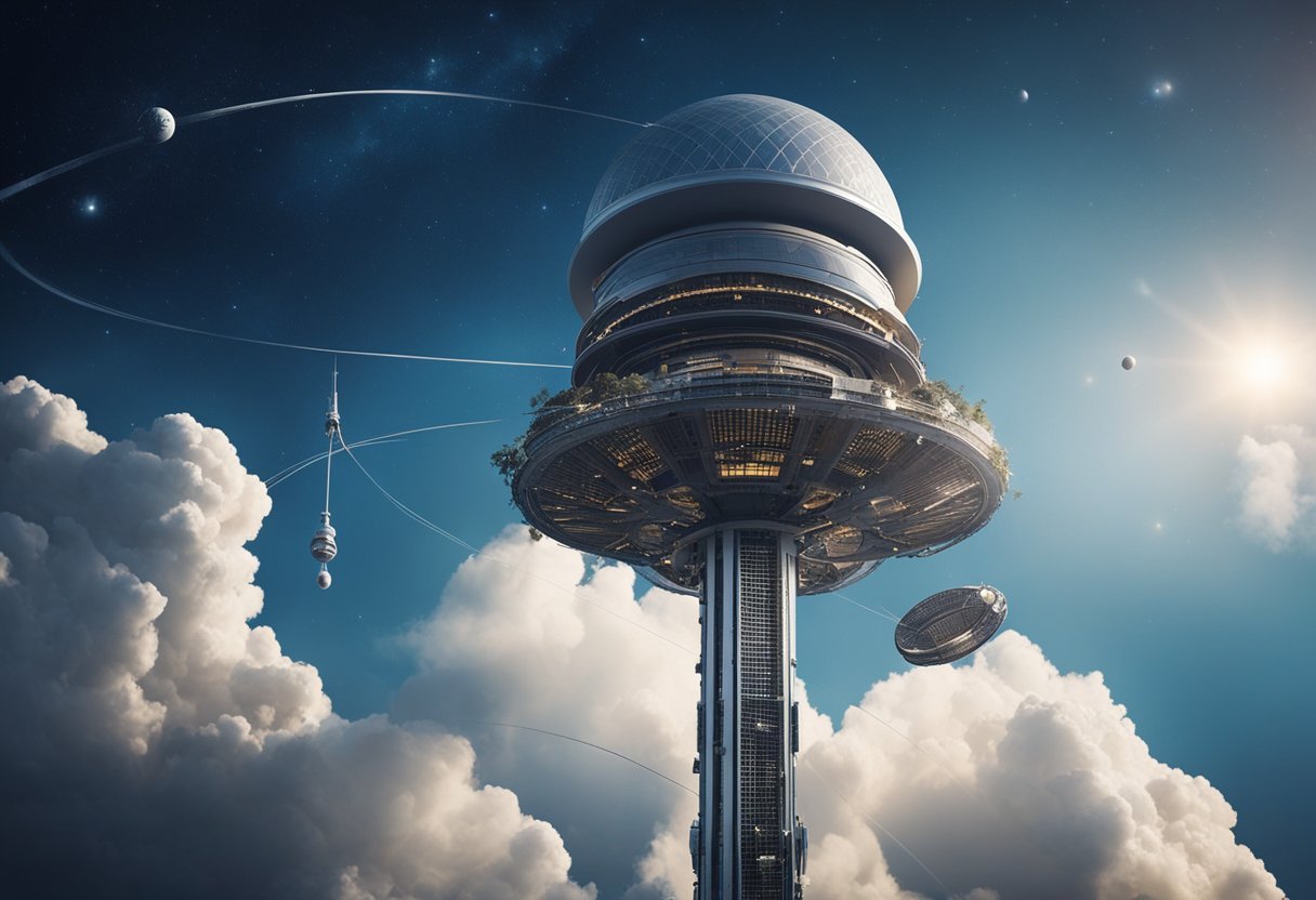 A space elevator rises from Earth, surrounded by a network of debris mitigation systems to ensure safe passage for spacecraft