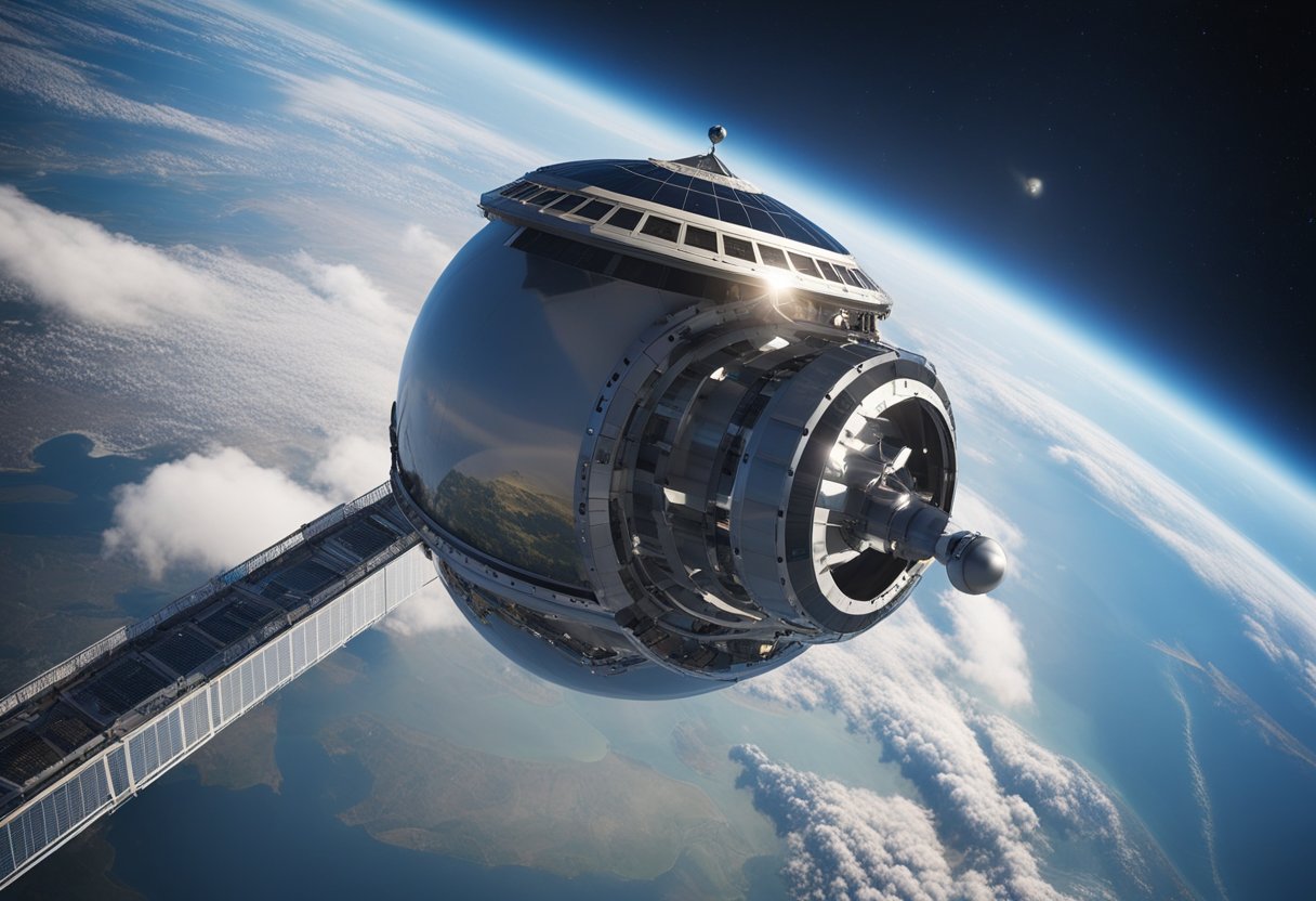A space elevator extends from Earth's surface into orbit, with a counterweight at the other end. The elevator cable is taut, stretching into the distance