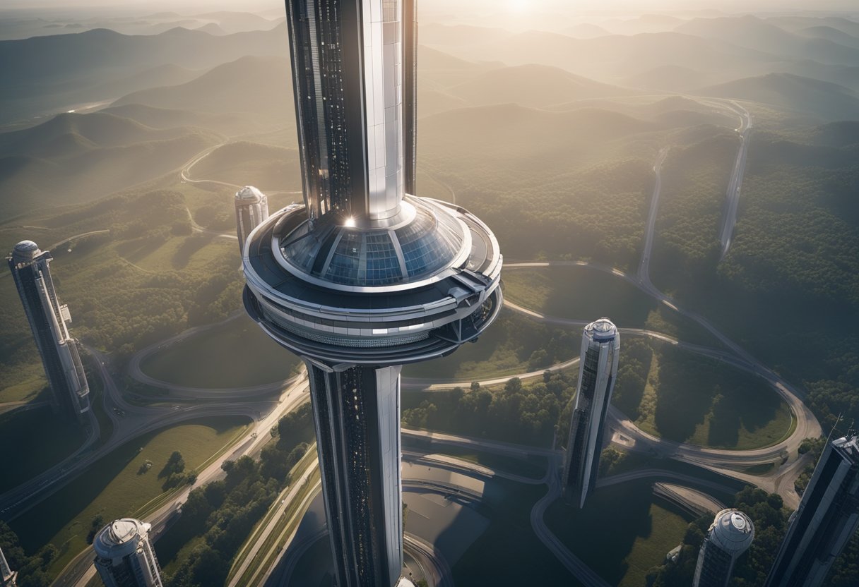 A towering space elevator rises from Earth's surface, connecting to a space station in orbit. The elevator's sleek, futuristic design and the curvature of the planet below create a sense of scale and wonder