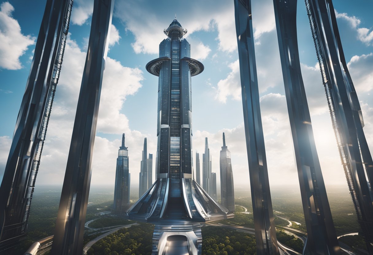 A towering space elevator stretches into the sky, surrounded by advanced technology and futuristic architecture