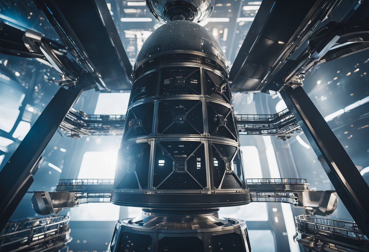 A spacecraft and payload ascend a futuristic space elevator