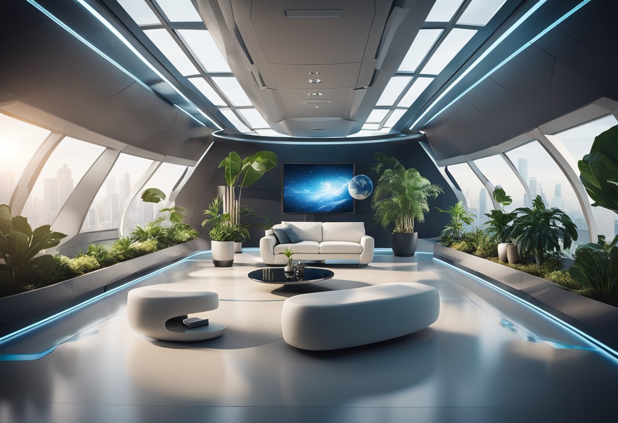 Objects float freely in a spacious, futuristic living space. Furniture, plants, and technology are designed to function in a zero-gravity environment