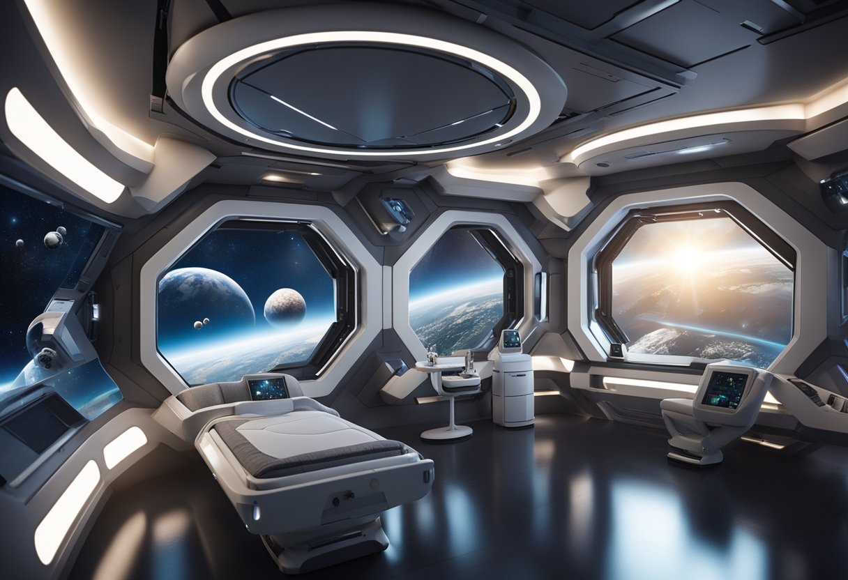 A floating space habitat with interconnected modules, featuring advanced life support systems and panoramic windows for viewing the stars