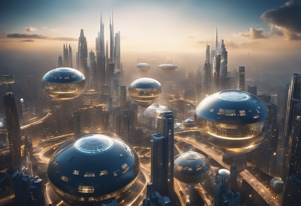 A futuristic cityscape with floating buildings and transportation, governed by strict regulations and policies for zero gravity living
