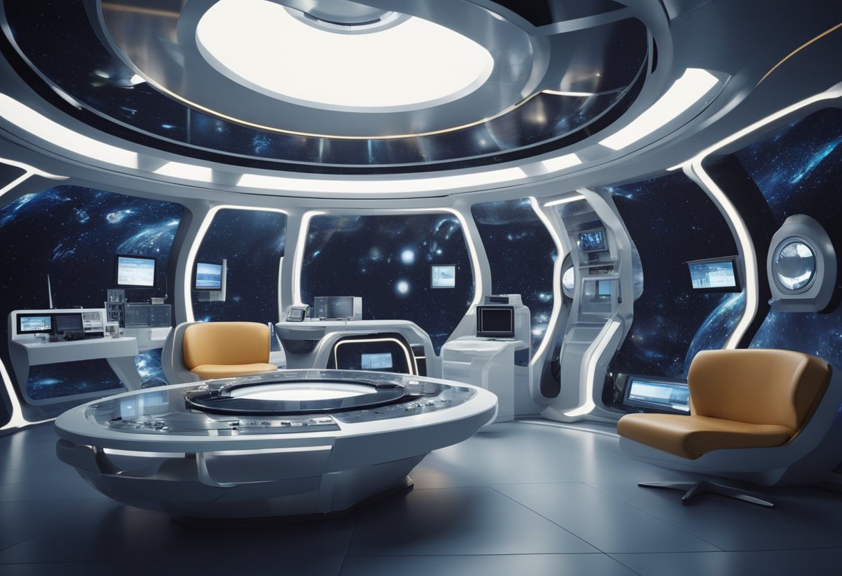 A futuristic space habitat with modular living pods and advanced financial infrastructure