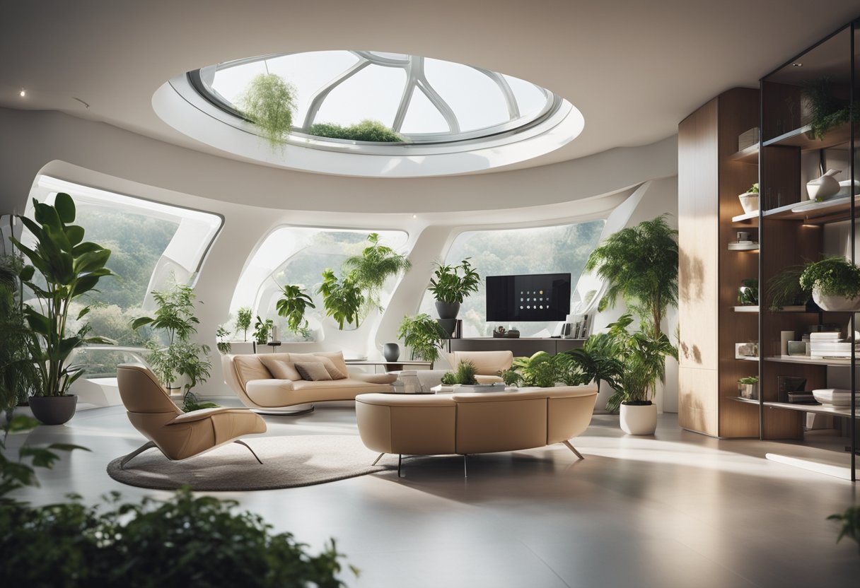 A spacious, futuristic living space with floating furniture and plants, showcasing the comfort and practicality of zero gravity living solutions